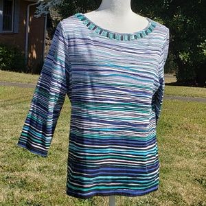 Ruby Rd 3/4 Sleeve Blue, Mint, White Stripe Top